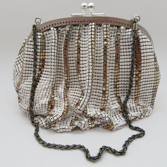 Women Handheld Chain Strap KissLock Purse White Gold Metal Mesh Mini Evening Bag - Picture 11 of 14